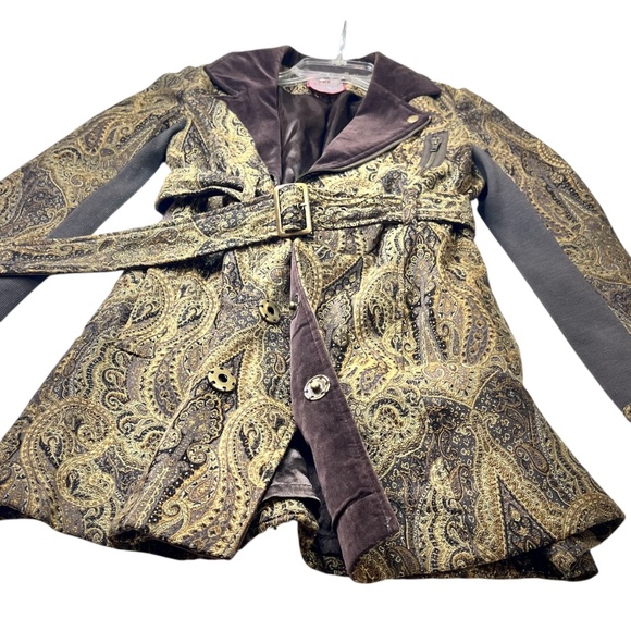 Free People Paisley Velvet Snap Down Collar Belted Jacket Coat - Picture 10 of 11